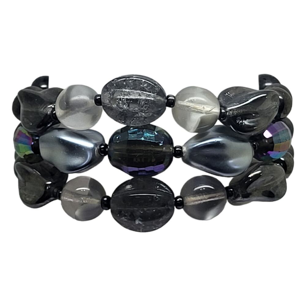 Silver Tone Glass Bead Vintage Gray Black 50s Bracelet Hidden Clasp 7"